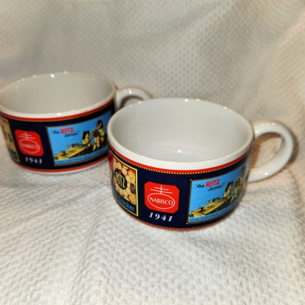 Vintage Nabisco Ritz crackers soup bowl mug National Biscuit Co Set of 2